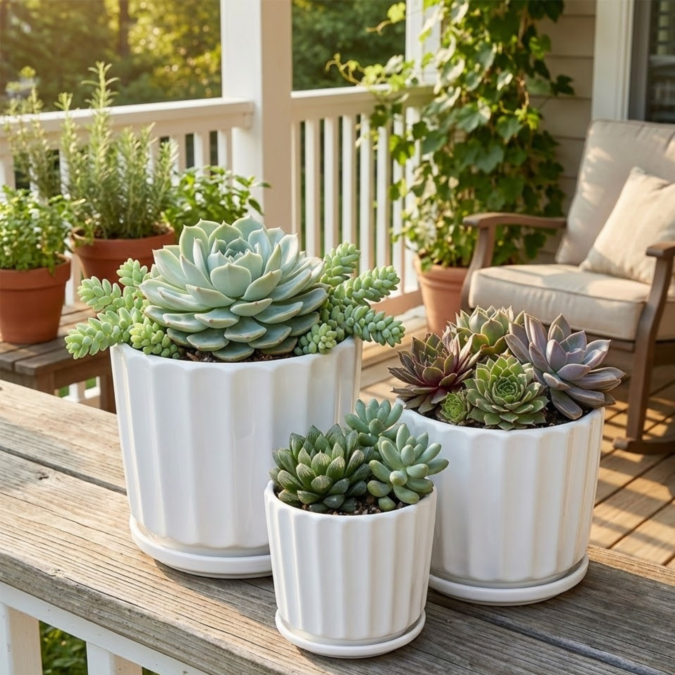 3-Piece White Ceramic Planter Pot Set with Fluted Design & Saucers