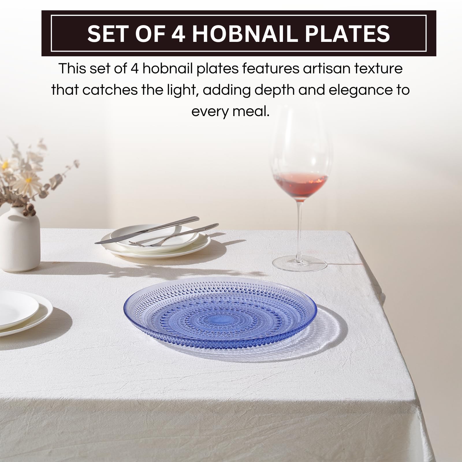 Glass Hobnail Dinner or Charger Plates | Set of 4 | Blue