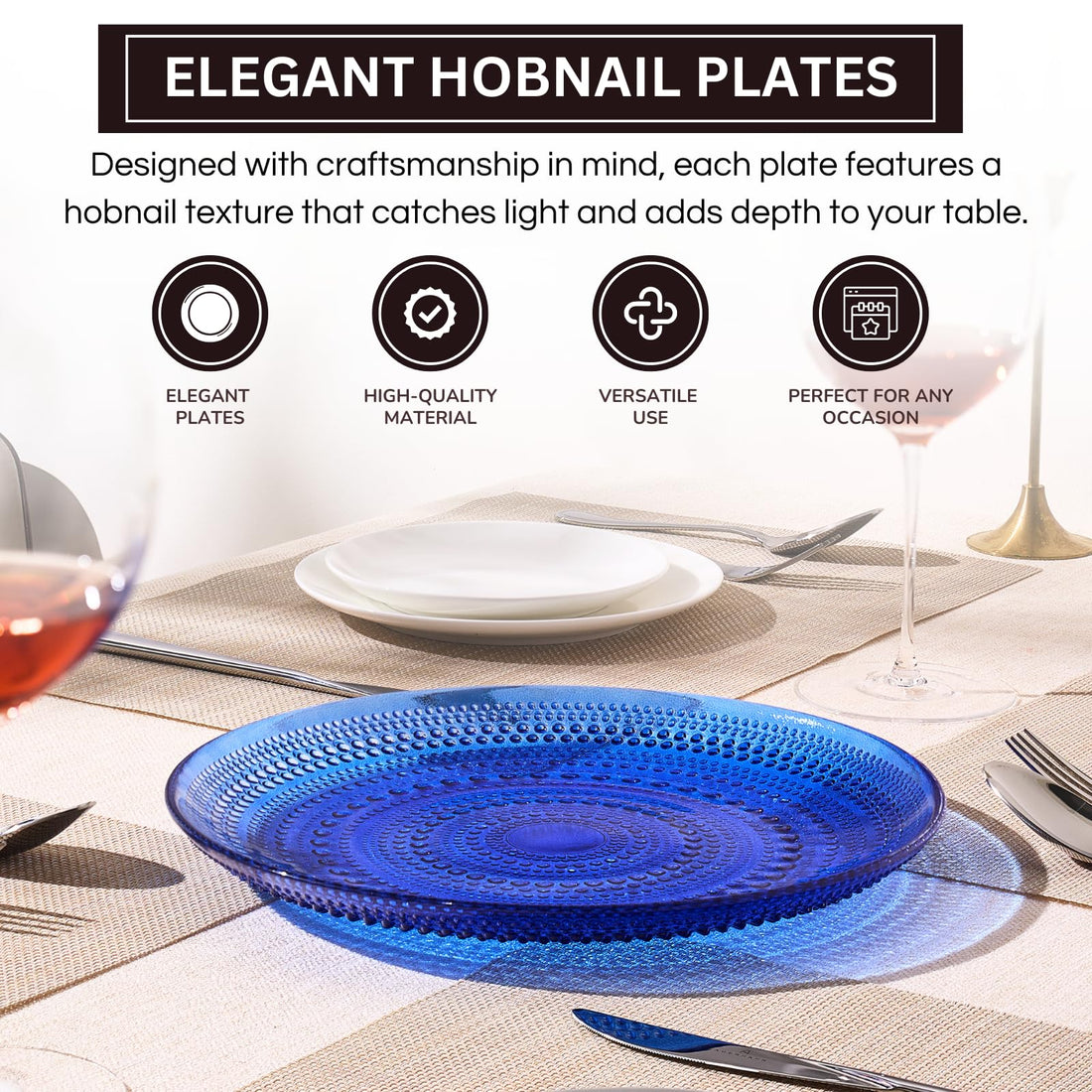 Glass Hobnail Dinner or Charger Plates | Set of 4 | Dark Blue