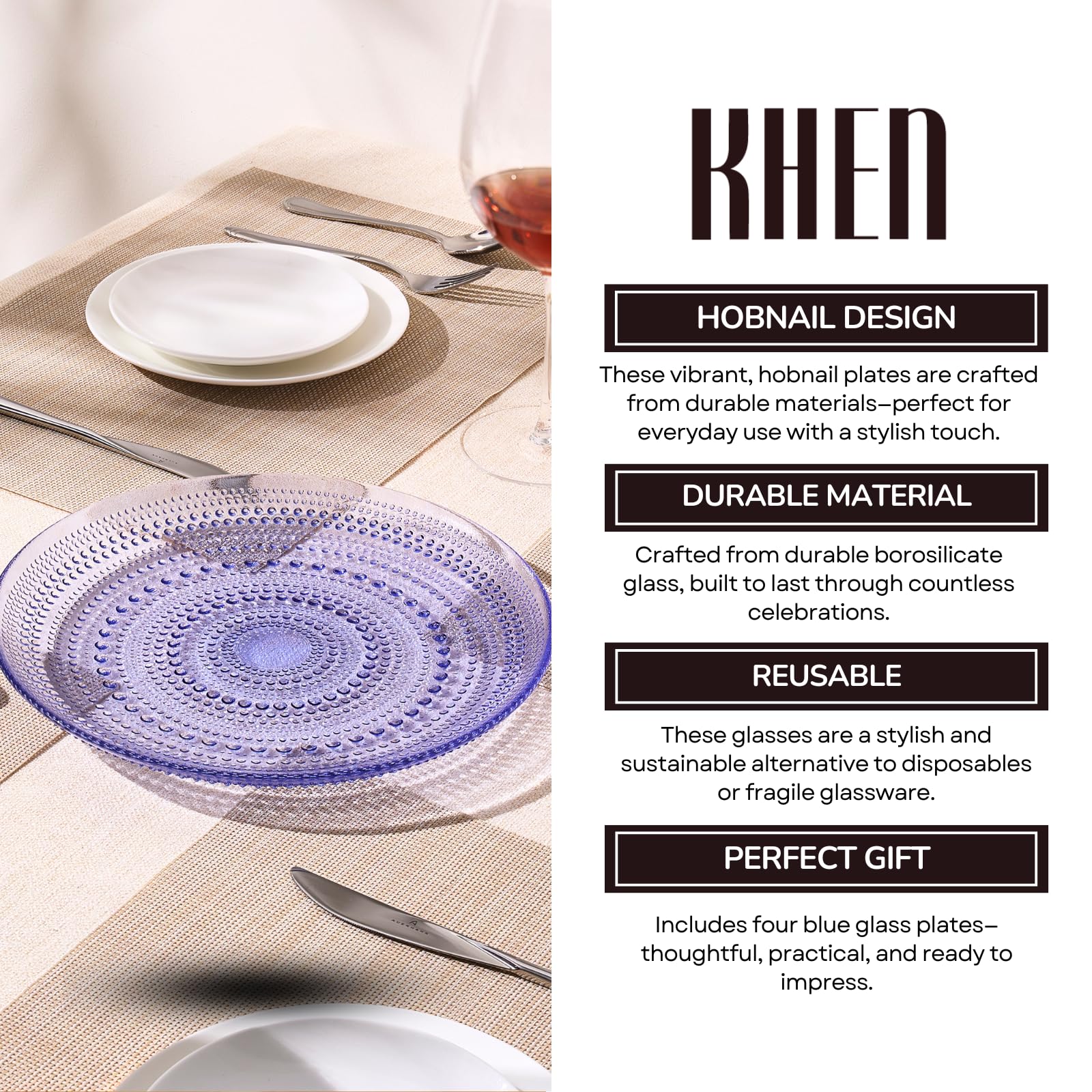 Glass Hobnail Dinner or Charger Plates | Set of 4 | Blue