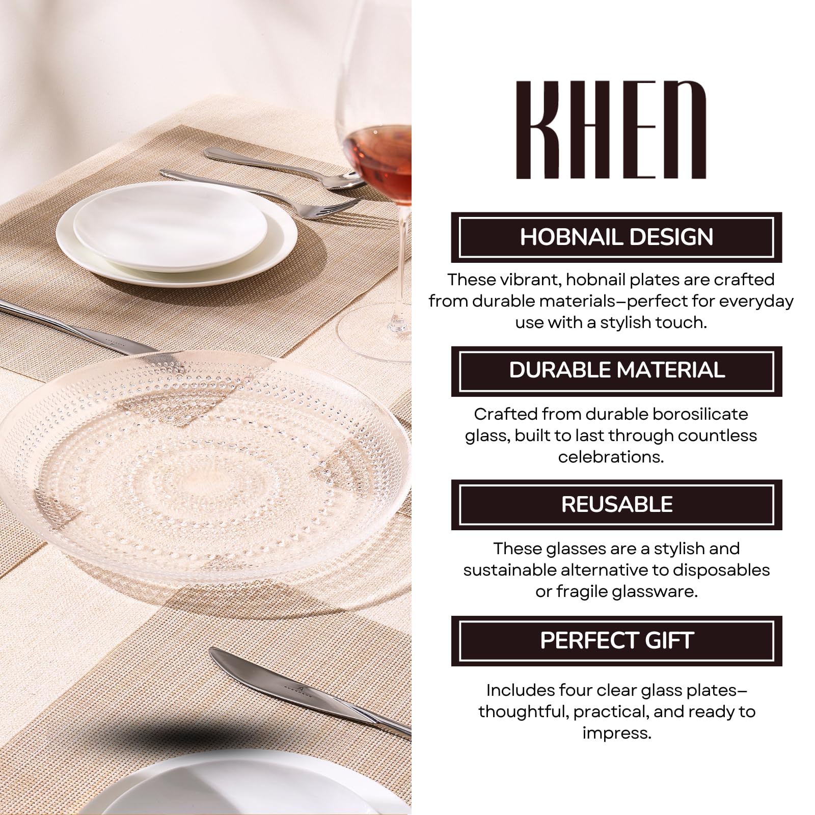 Glass Hobnail Dinner or Charger Plates | Set of 4 | Clear