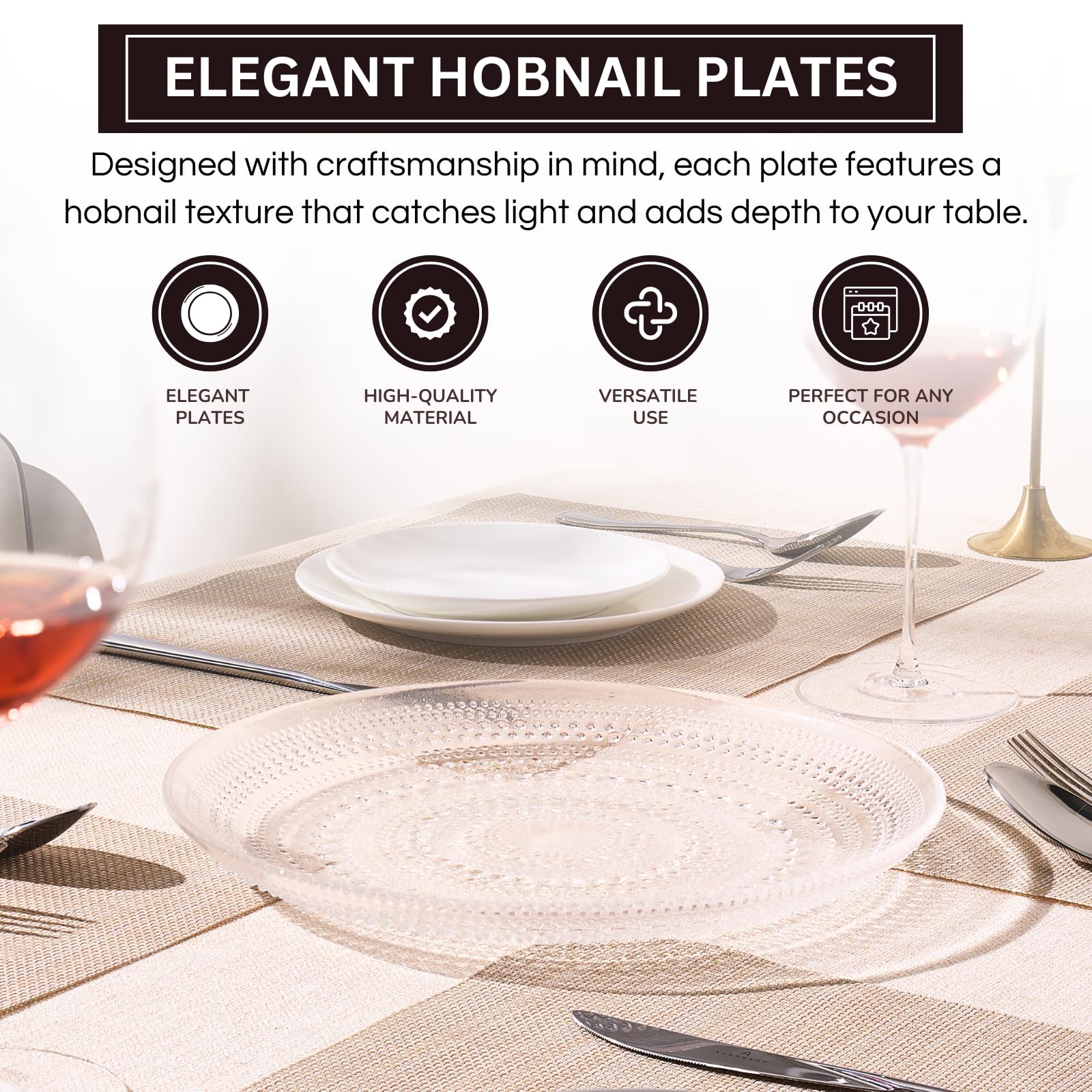 Glass Hobnail Dinner or Charger Plates | Set of 4 | Clear
