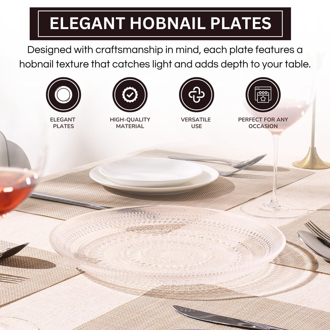 Glass Hobnail Dinner or Charger Plates | Set of 4 | Clear