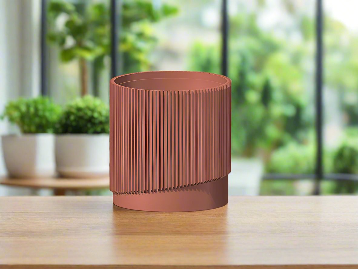 Mid-Century Ribbed Planter with Drainage and Saucer in Multiple Colors