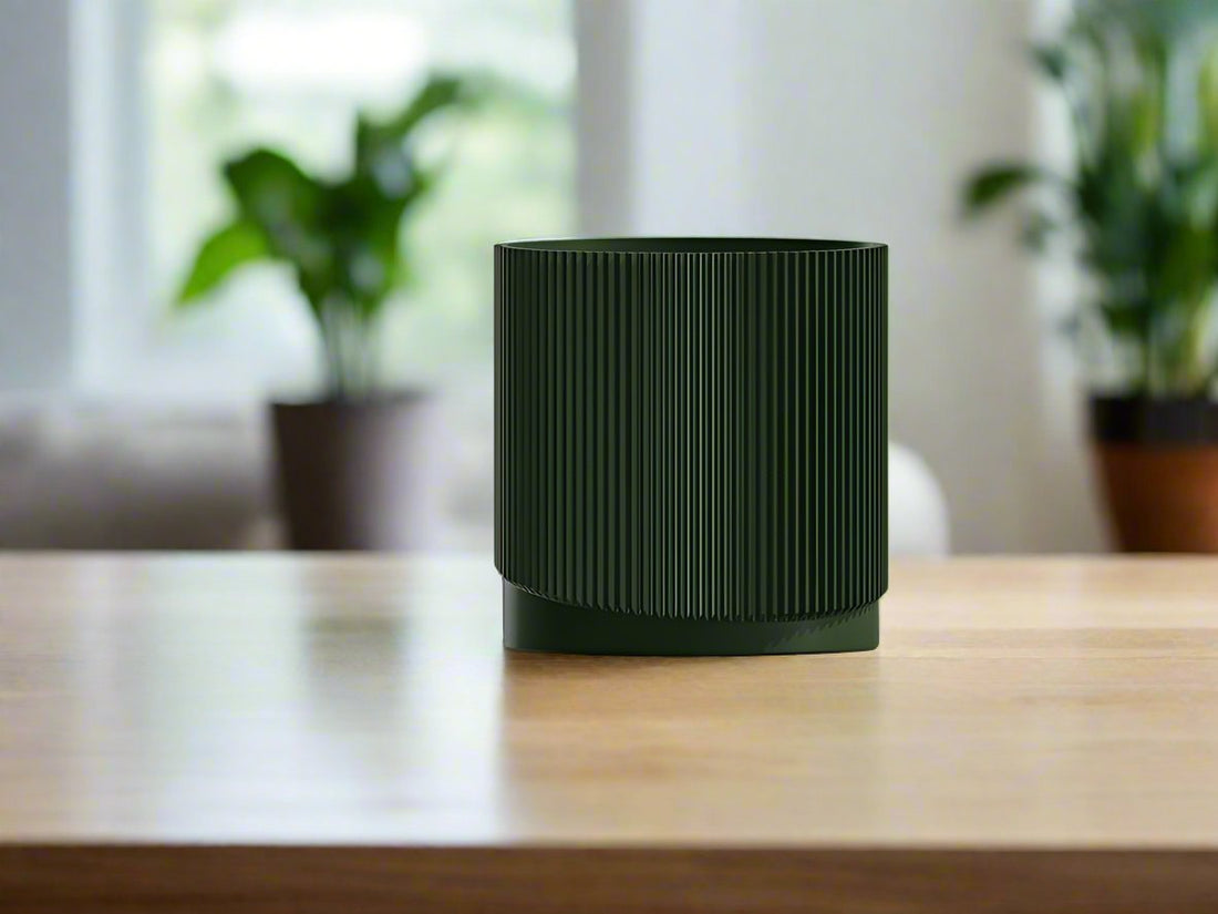 Mid-Century Ribbed Planter with Drainage and Saucer in Multiple Colors