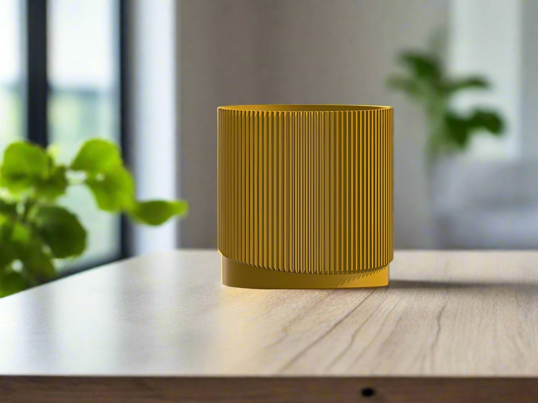 Mid-Century Ribbed Planter with Drainage and Saucer in Multiple Colors