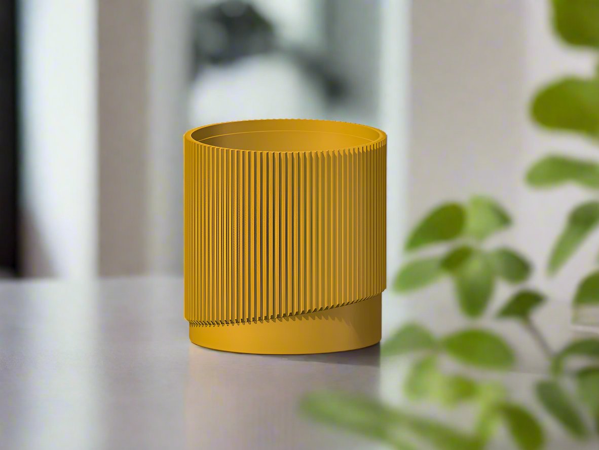 Mid-Century Ribbed Planter with Drainage and Saucer in Multiple Colors