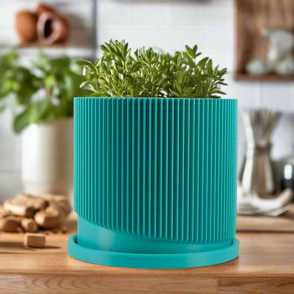 Mid-Century Ribbed Planter with Drainage and Saucer in Multiple Colors