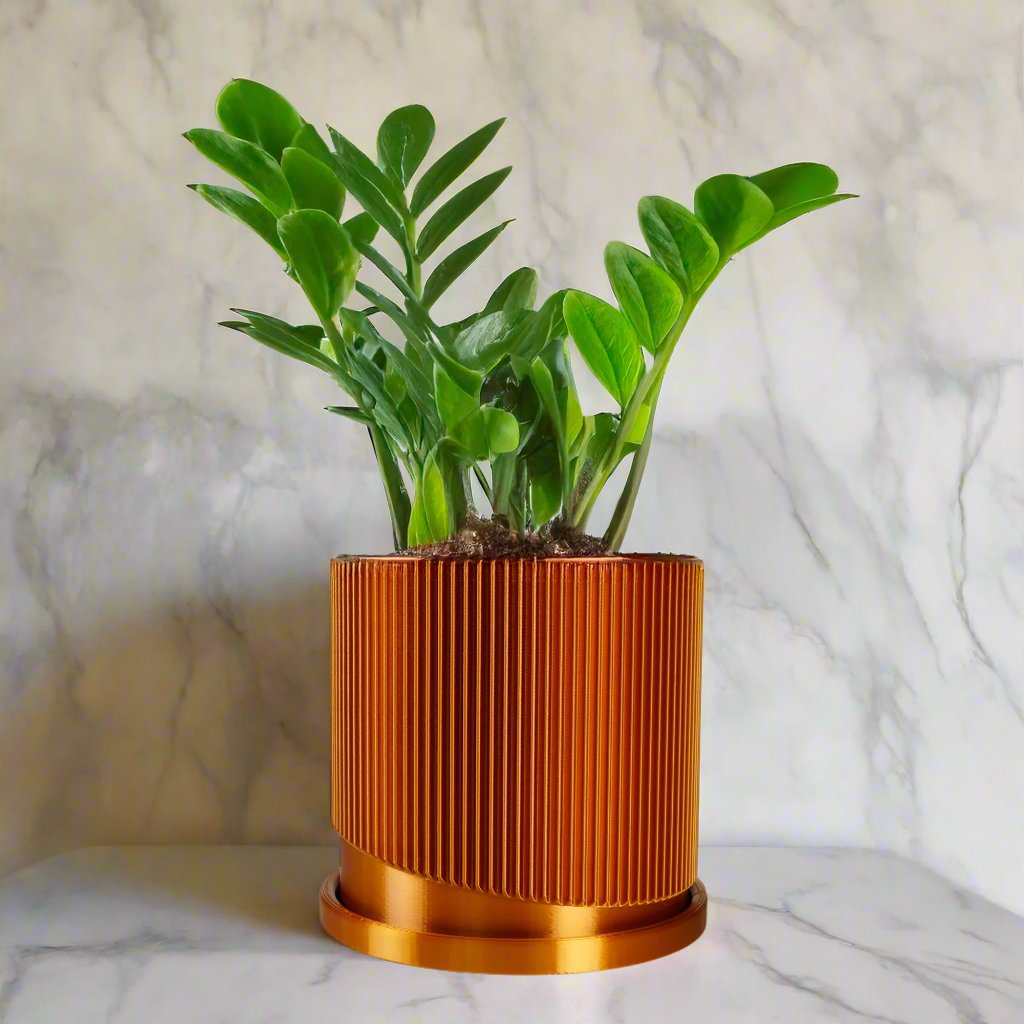 Mid-Century Ribbed Planter with Drainage and Saucer in Multiple Colors