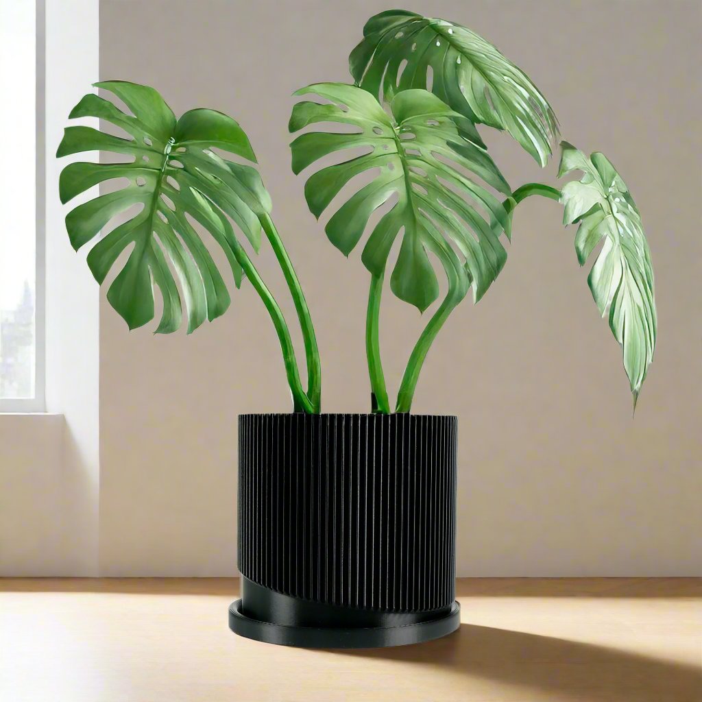Mid-Century Ribbed Planter with Drainage and Saucer in Multiple Colors
