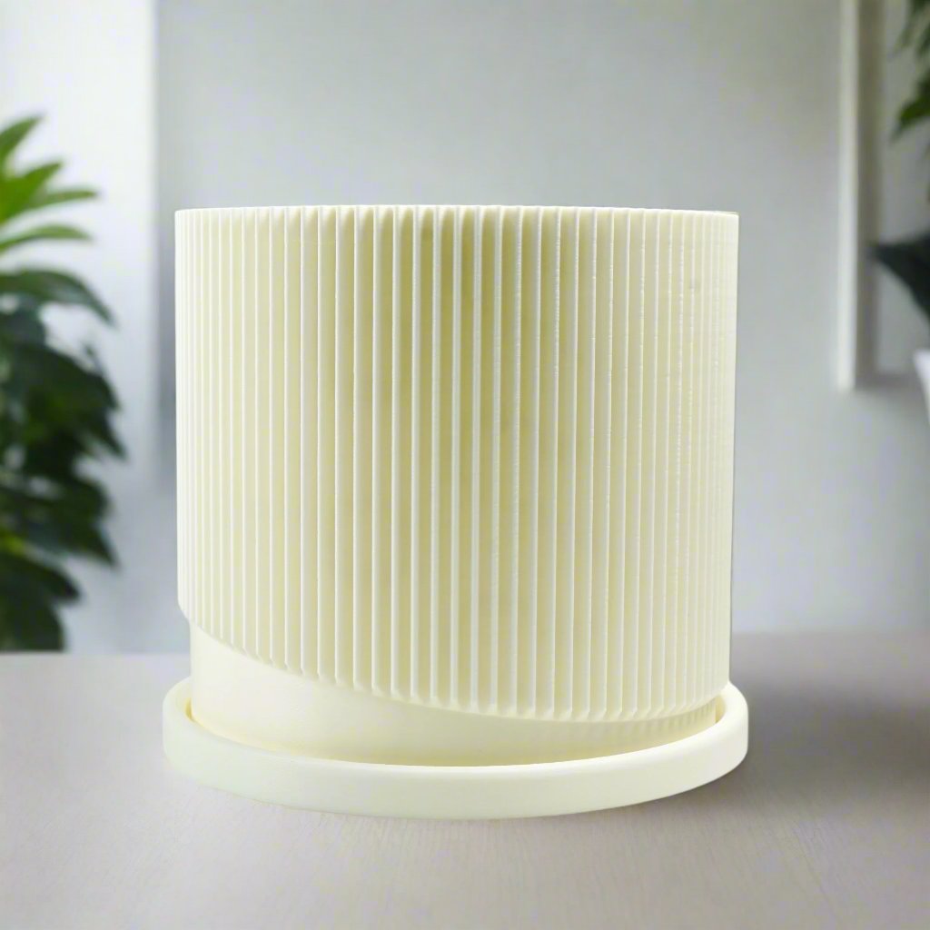 Mid-Century Ribbed Planter with Drainage and Saucer in Multiple Colors