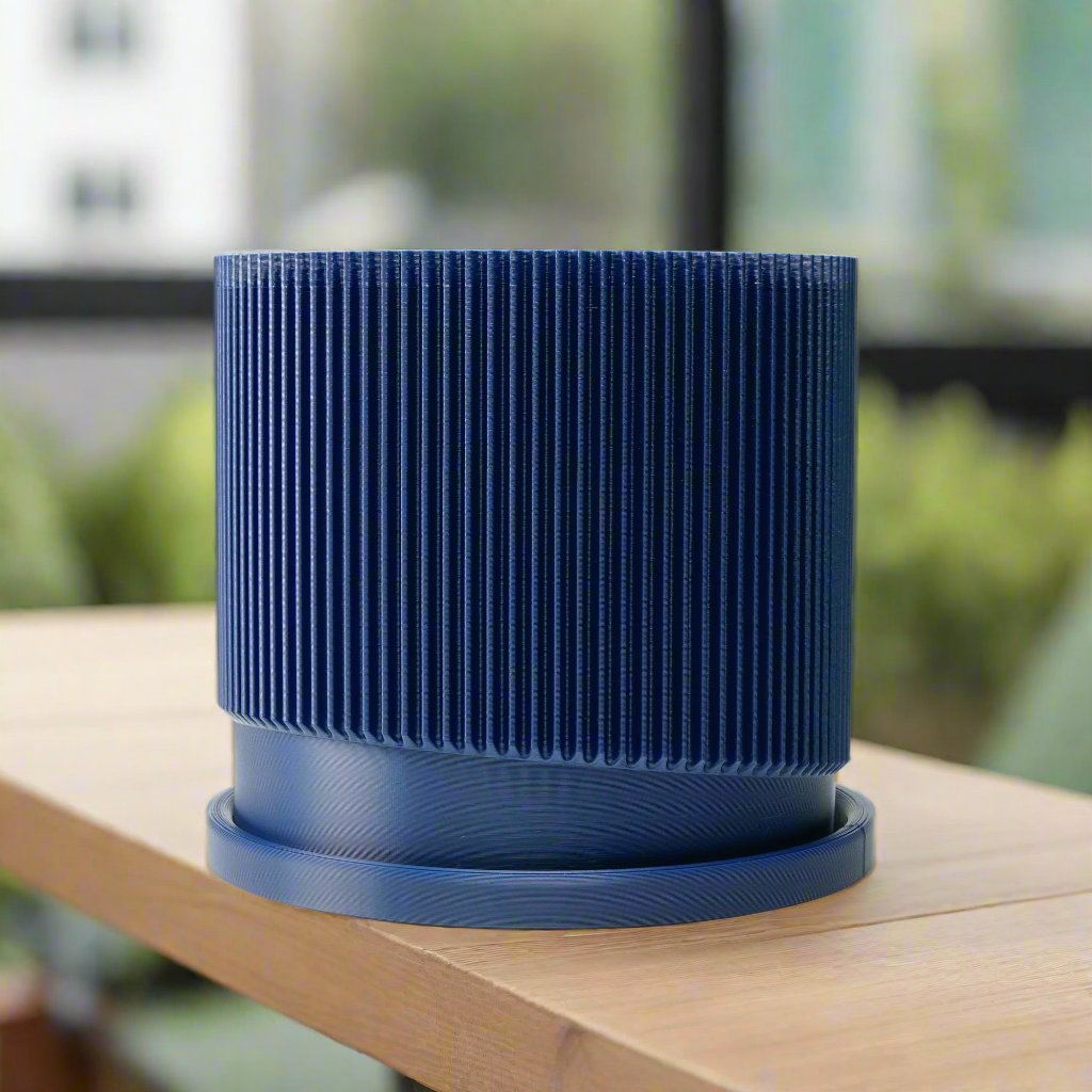 Mid-Century Ribbed Planter with Drainage and Saucer in Multiple Colors