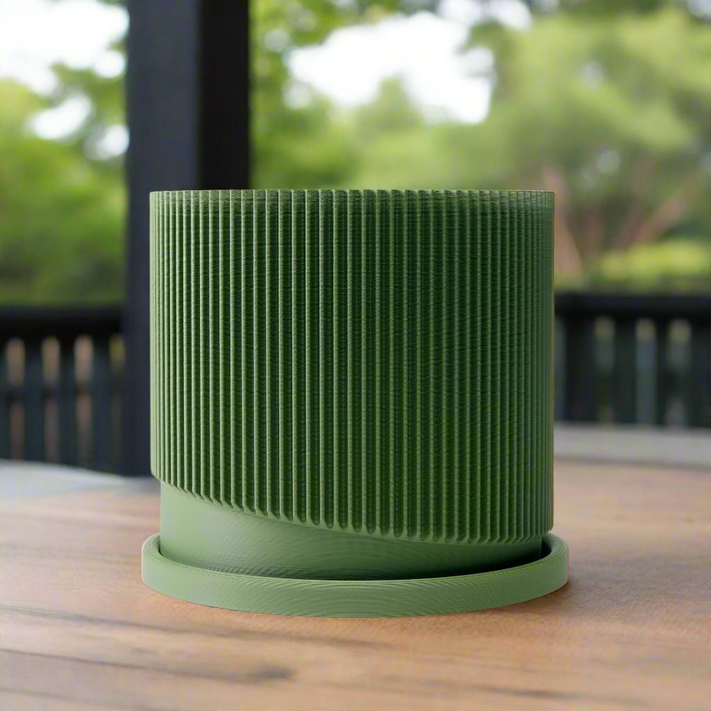 Mid-Century Ribbed Planter with Drainage and Saucer in Multiple Colors
