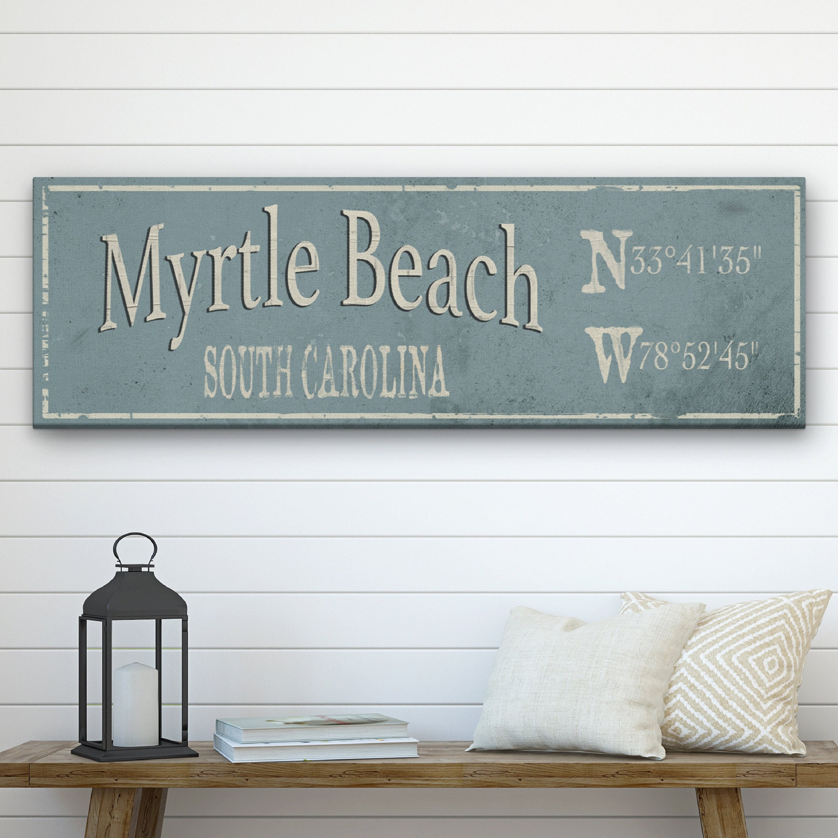 Personalized Rustic City Town Canvas Sign with Latitude Longitude Coordinates