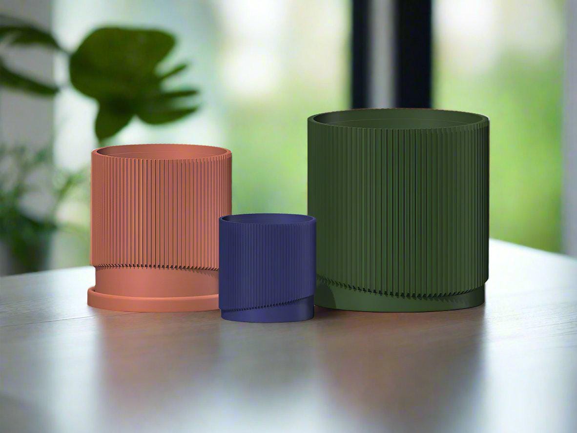 Mid-Century Ribbed Planter with Drainage and Saucer in Multiple Colors