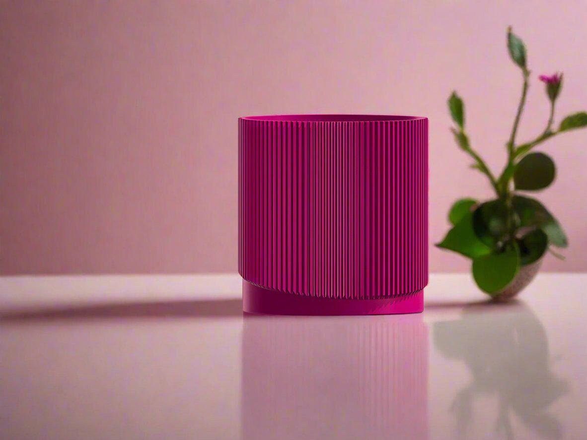 Mid-Century Ribbed Planter with Drainage and Saucer in Multiple Colors