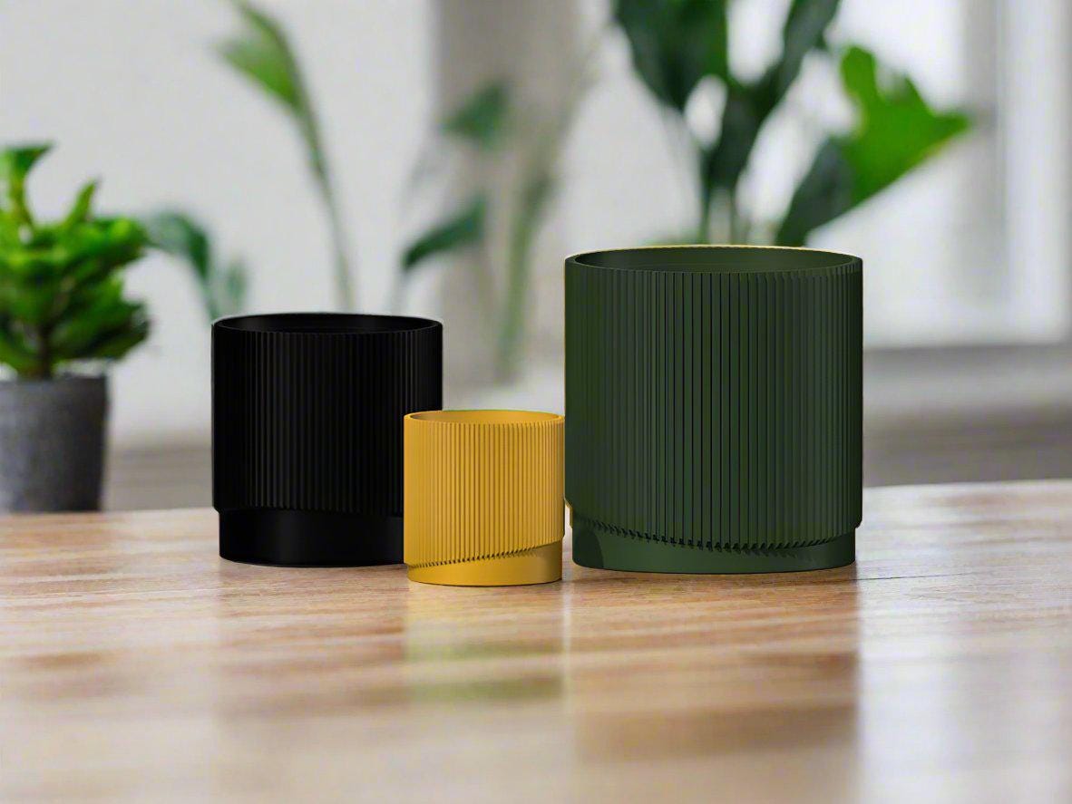 Mid-Century Ribbed Planter with Drainage and Saucer in Multiple Colors