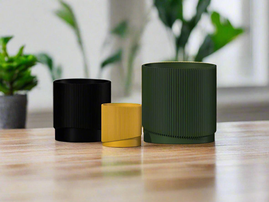 Mid-Century Ribbed Planter with Drainage and Saucer in Multiple Colors