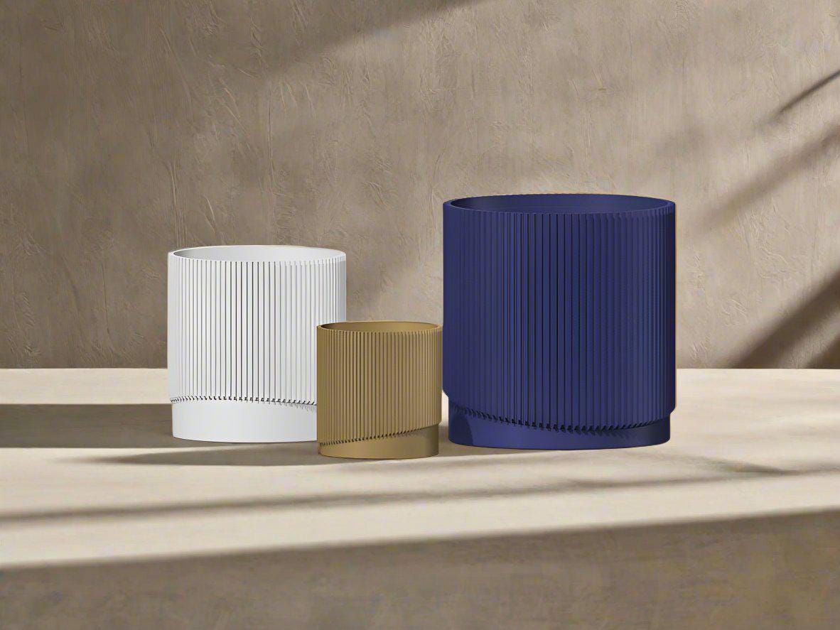 Mid-Century Ribbed Planter with Drainage and Saucer in Multiple Colors