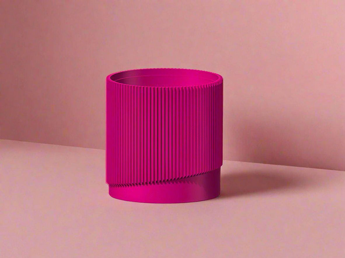 Mid-Century Ribbed Planter with Drainage and Saucer in Multiple Colors
