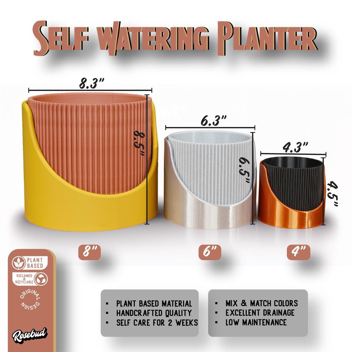 4 Inch Self Watering Planter, Large Indoor Outdoor Plant Pot with Drainage